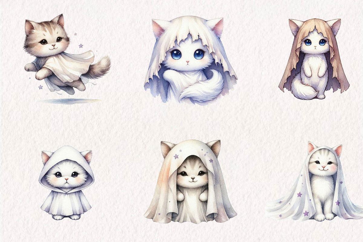 Watercolor Halloween Ghost Cat PNG, a Seasonal Illustration by CreationArt (Photo 4 of 7)