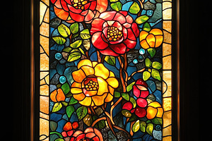 A vibrant stained glass window featuring a variety of colorful flowers, includi, a Person Photo by Textures & Backgrounds