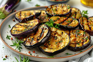 Slices of grilled eggplants in plate on wooden table, a Food & Drink Photo by AlyaAnd