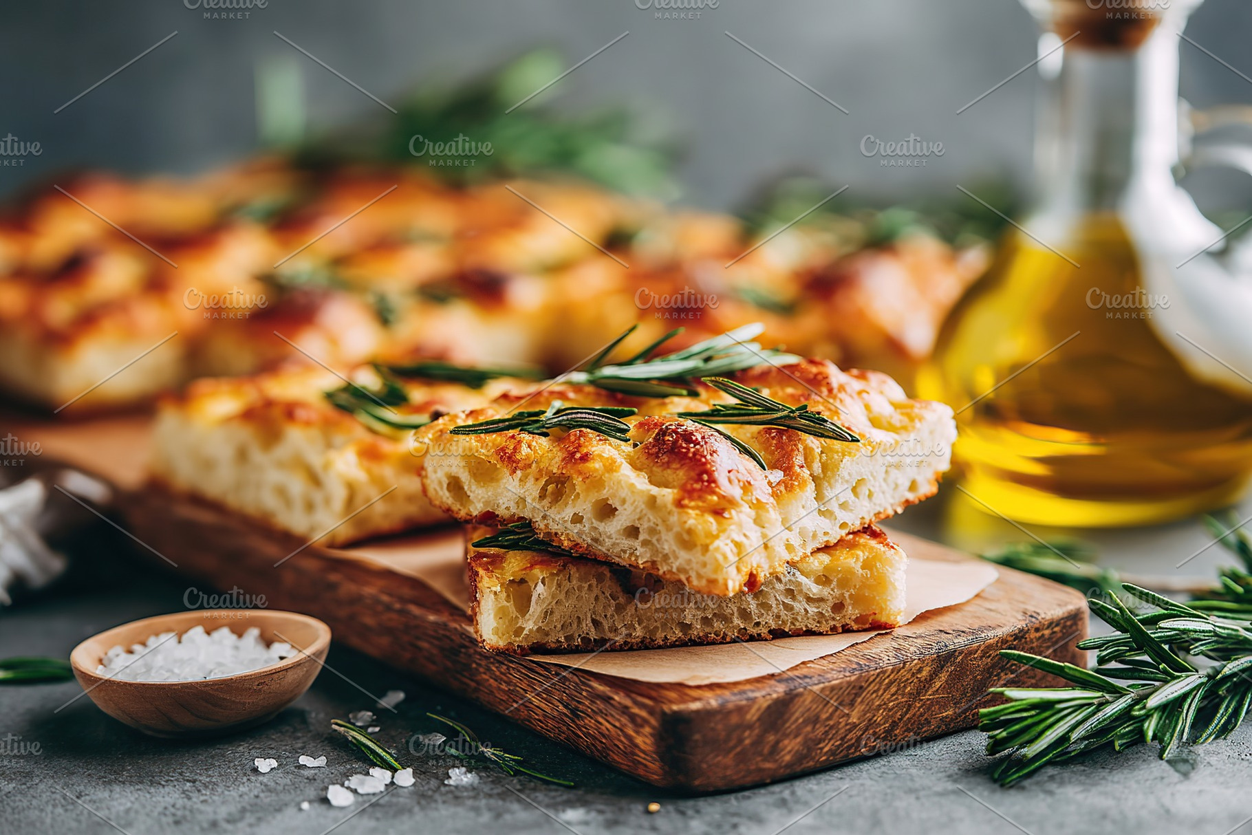 Deliciously baked focaccia bread with fresh rosemary on rustic wooden board, a Food & Drink Photo by AlyaAnd