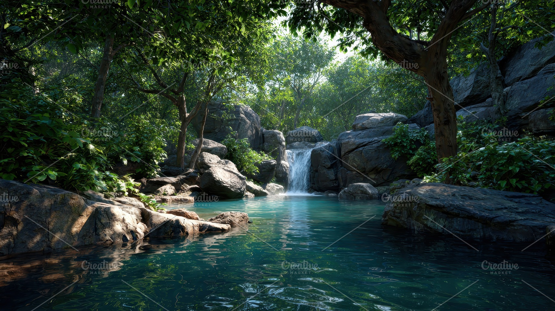 Waterfall flows into a clear pool, a Photo by Pavel_design