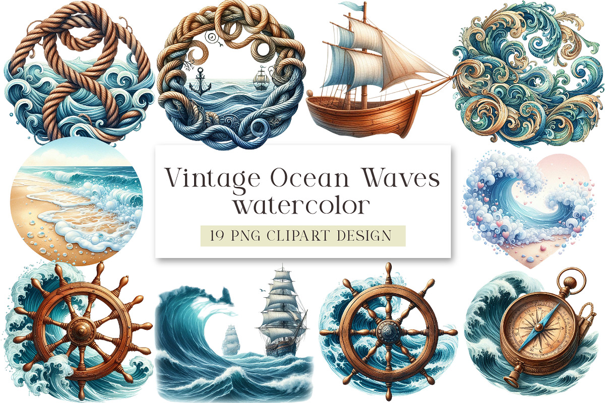 Vintage Ocean Waves Watercolor, a Seasonal Illustration by DreamArtGraphic (Photo 1 of 4)