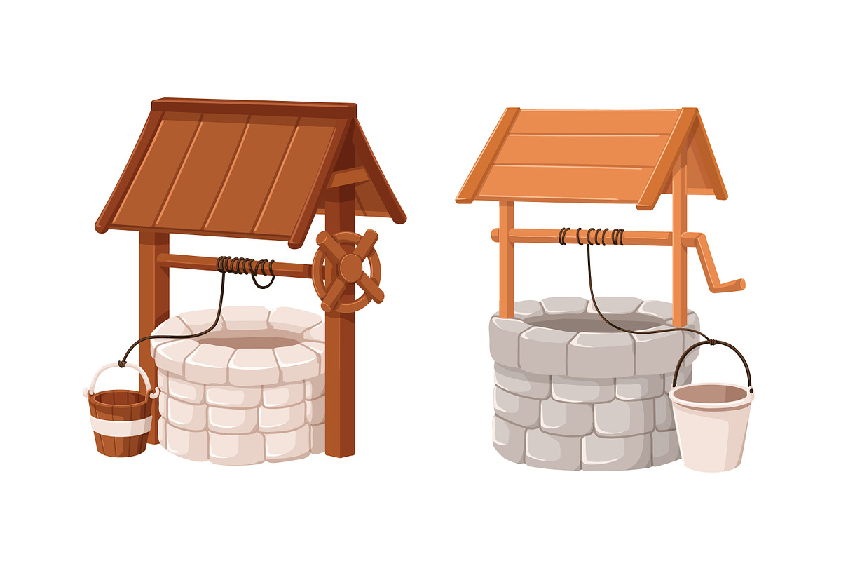 Old water wells with buckets set, an Object Illustration by Good Studio (Photo 2 of 6)