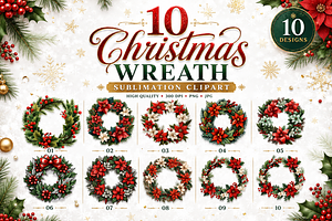 Christmas Wreath Sublimation Clipart, a Seasonal Illustration by S Graphic Studio