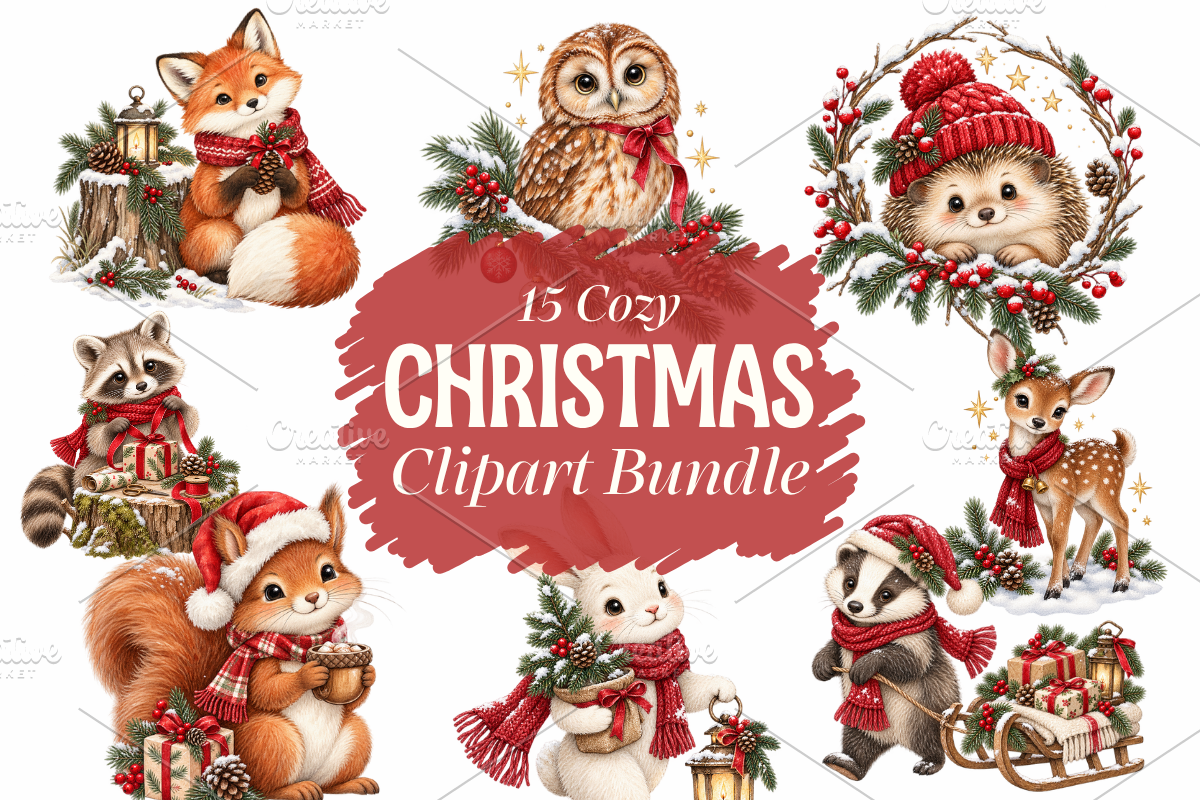 Christmas Woodland Animals Cliparts, a Seasonal Illustration by Ink Gallery (Photo 3 of 8)