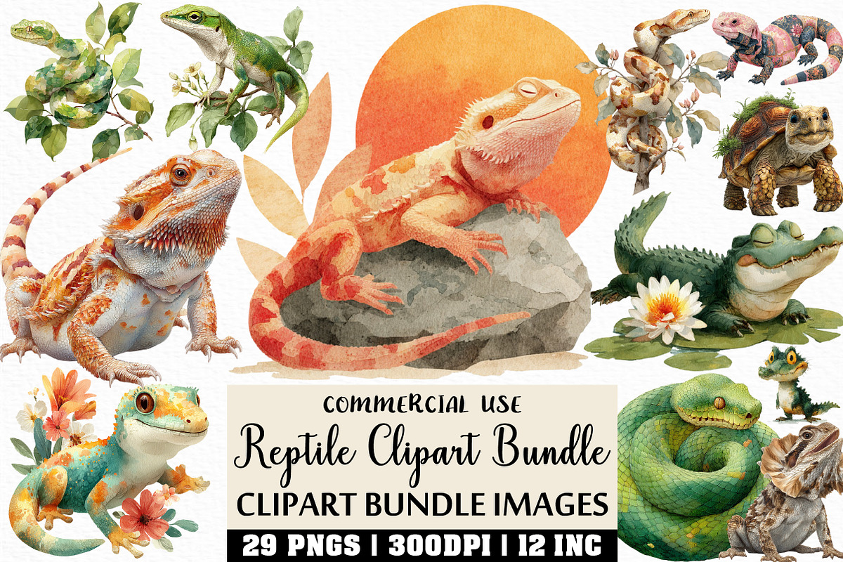 Watercolor Reptile Clipart Bundle, an Illustration by Craft Nest (Photo 1 of 6)
