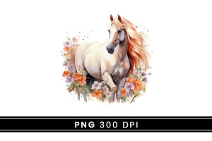 Watercolor Flower Horses Clipart