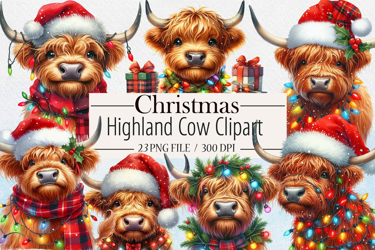 Cute Christmas Highland Cow Clipart, an Illustration by Libby Wishes (Photo 1 of 7)