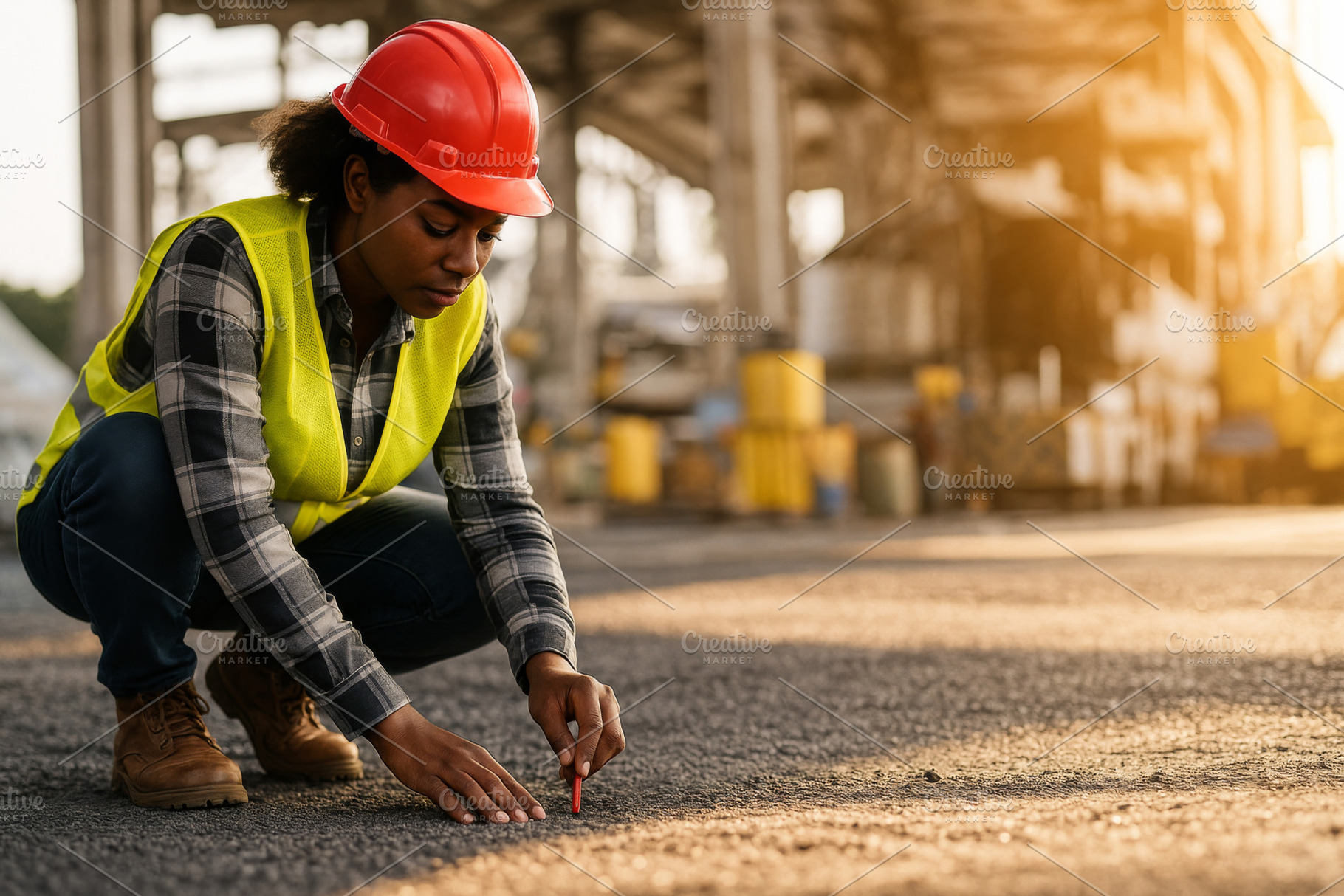 Female construction worker marking g, a Photo by Dvoevnore photos