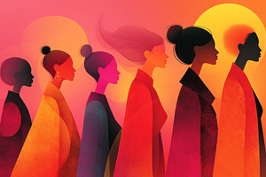 Stylized diverse women silhouettes in warm sunset colors represe, a Person Photo by José Manuel Gelpi