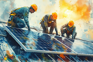 Three workers installing solar panels on a roof, wearing safety gear and helmet, a Technology Photo by Textures & Backgrounds