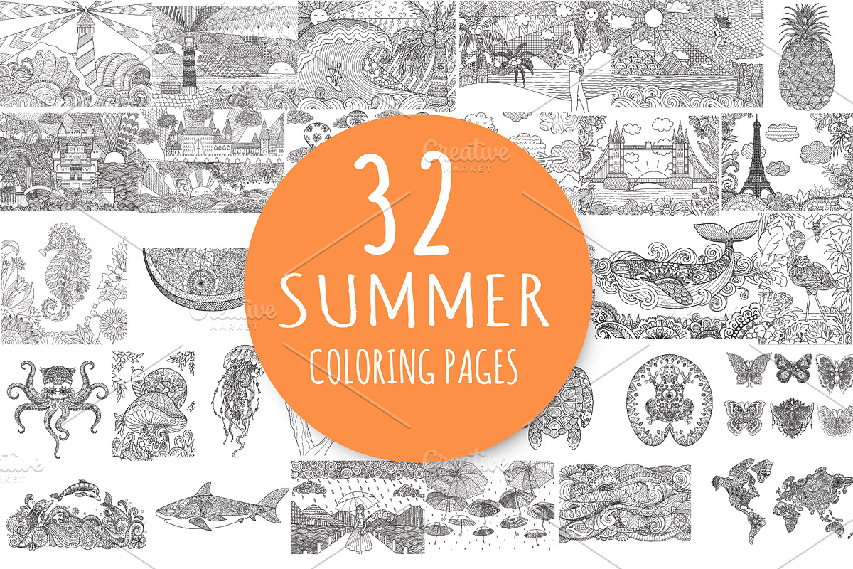 32 SUMMER COLORING PAGES, an Animal Illustration by Somjai King (Photo 1 of 2)