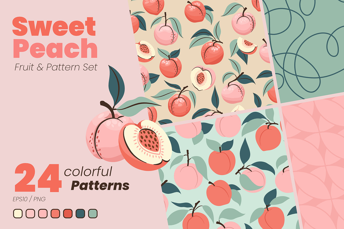 Sweet Peach – Fruit & Pattern Set, a Pattern Graphic by moja doodle (Photo 1 of 6)