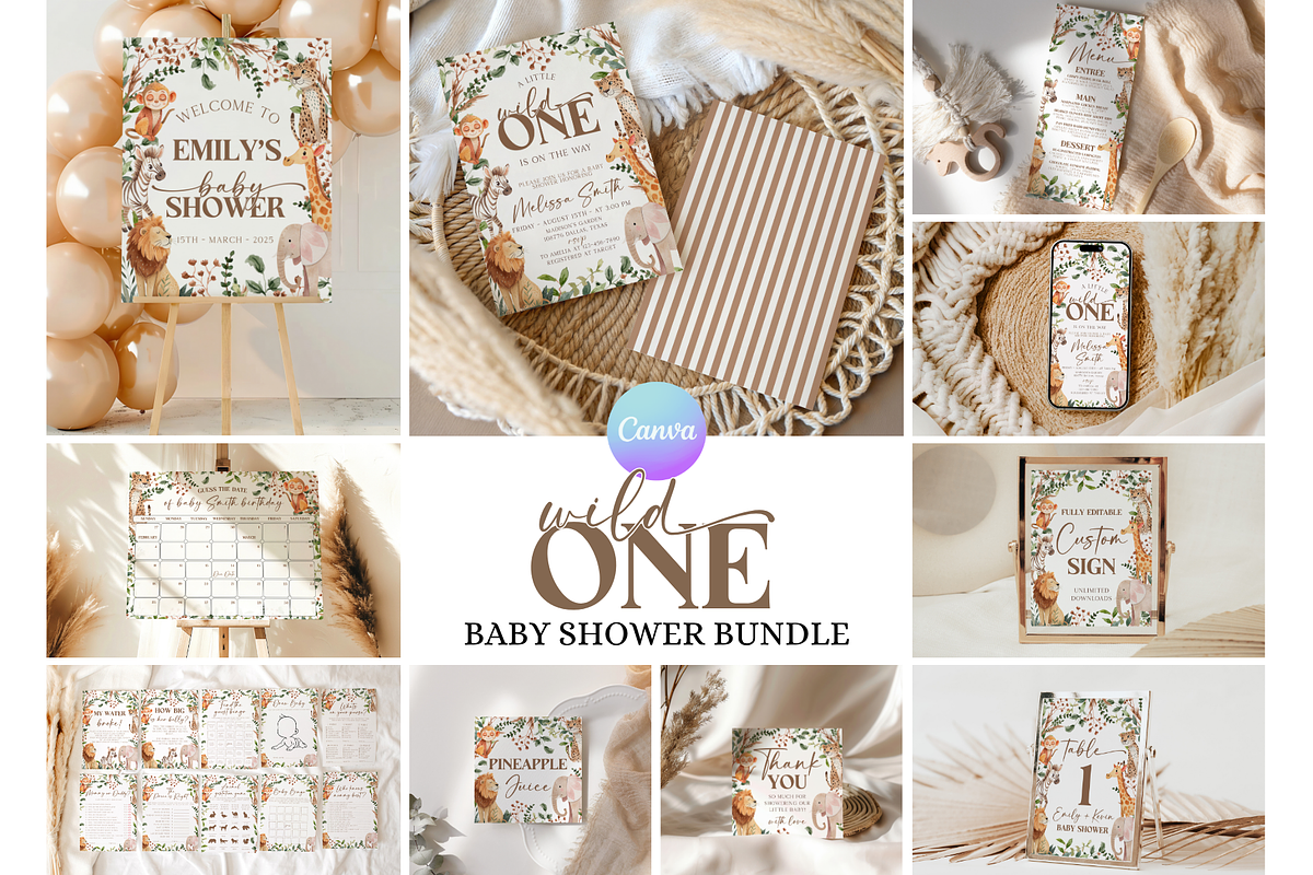 Wild One Safari Baby Shower Bundle, a Templates & Theme by VeliusCreativeStudio (Photo 1 of 9)