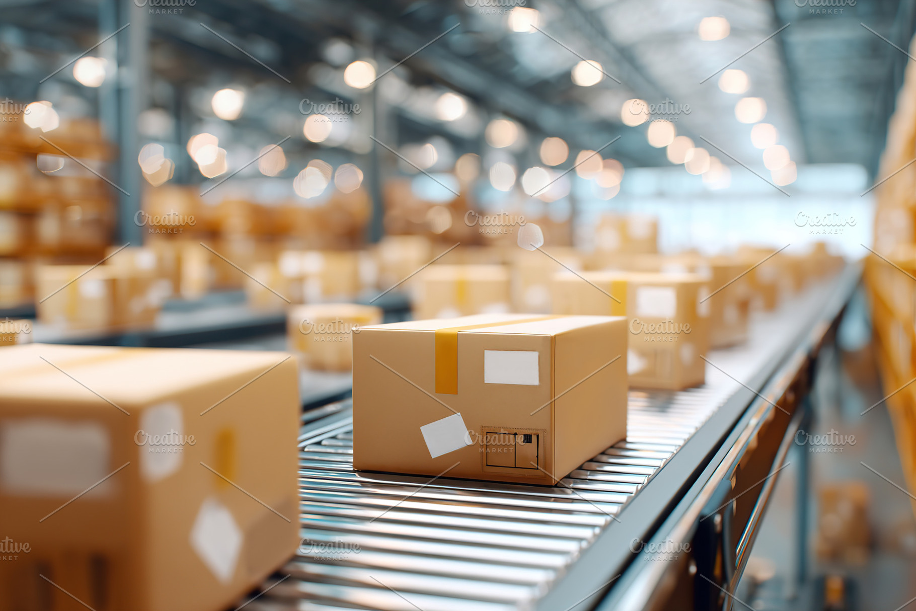 Automated robotic arms organize packages efficiently in a modern warehouse envi, a Photo by AlyaAnd