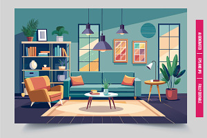 Modern living room with teal, an Illustration by Tanuart