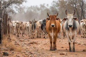 Cattle herd walking dusty path outba, a Photo by Pixeness Studio