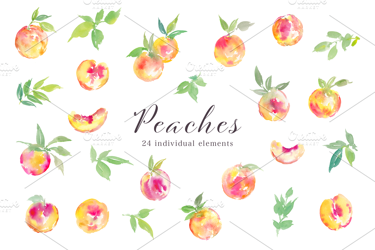 Peaches watercolor clipart set, a Decorative Illustration by Sawango Designs (Photo 2 of 3)