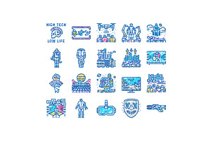 cyberpunk digital city future icons, an Object Illustration by pikepicture