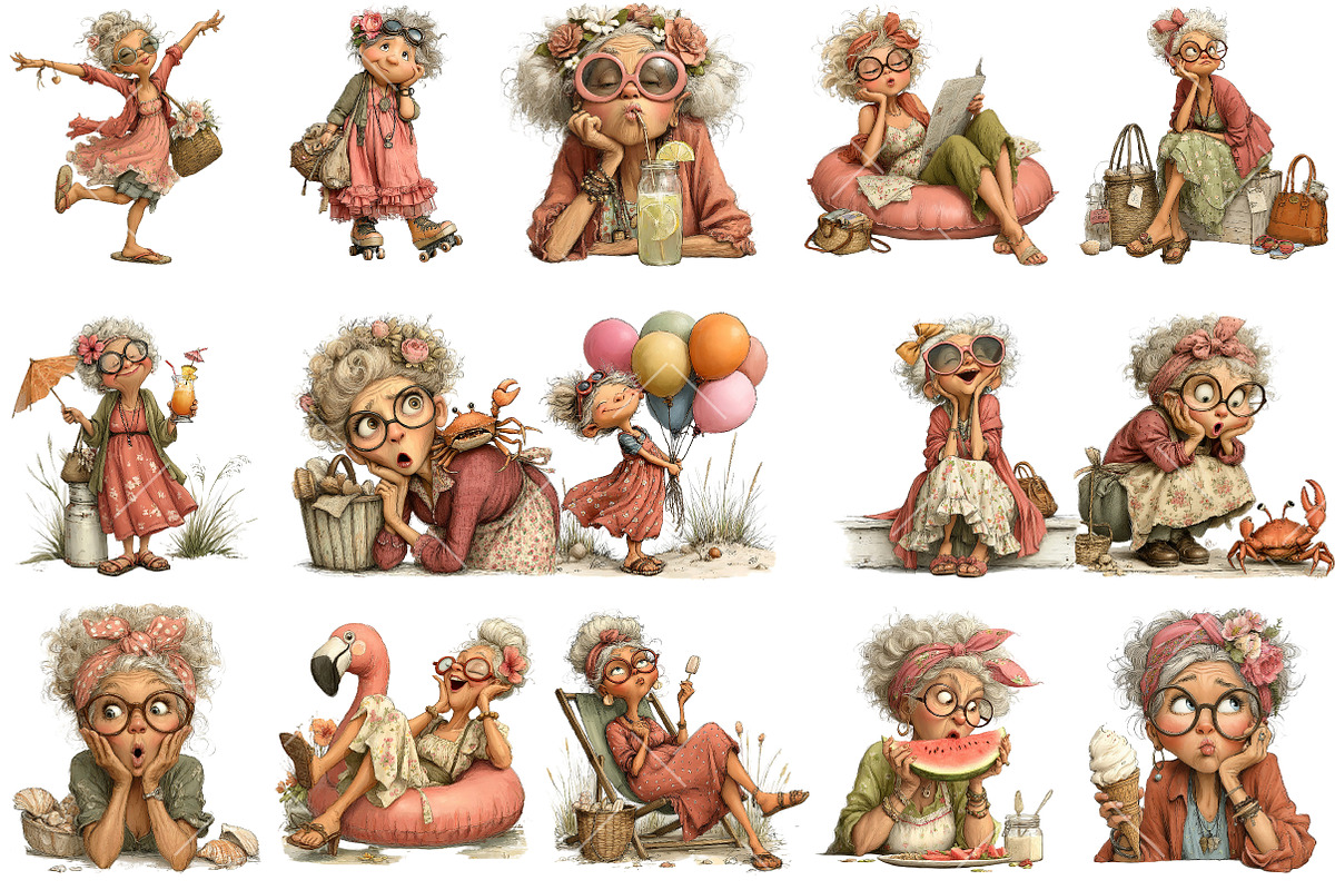 Funny Granny Beach Clipart PNG, an Illustration by OK Design (Photo 3 of 6)