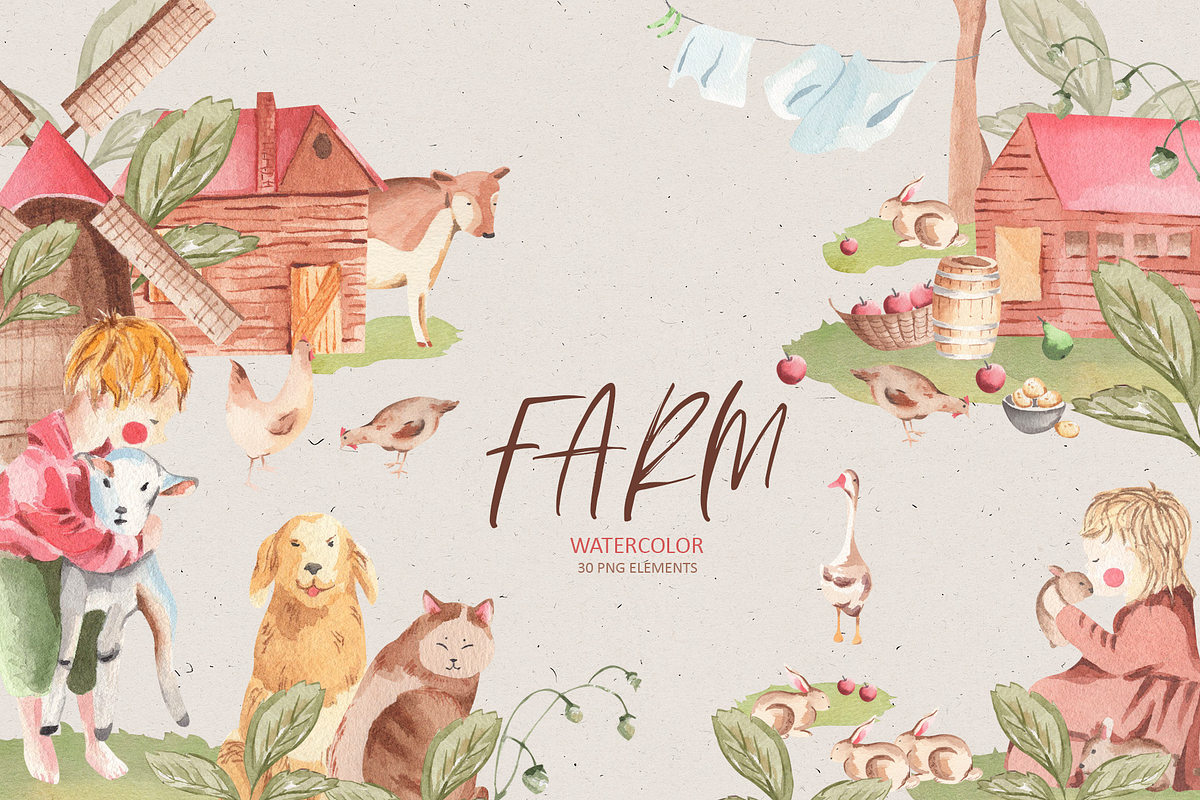 Farm Watercolor Clipart, an Animal Illustration by natalisart (Photo 1 of 8)