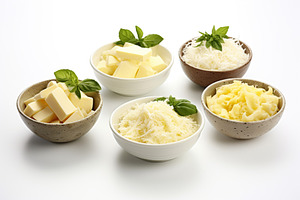 Various types of cheese in bowls on white background, a Food & Drink Photo by AlyaAnd