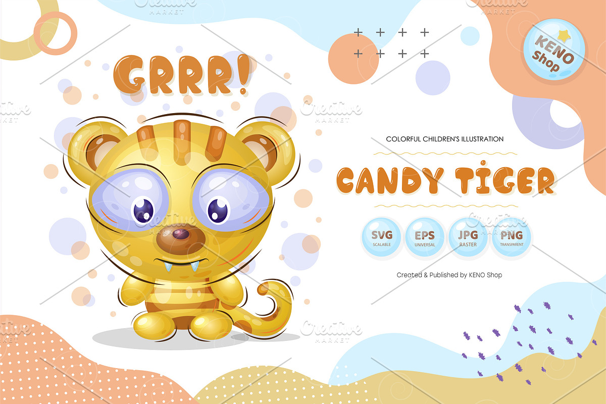 Cute Candy tiger. Tshirt, PNG., an Animal Illustration by KENO Mascots (Photo 1 of 4)