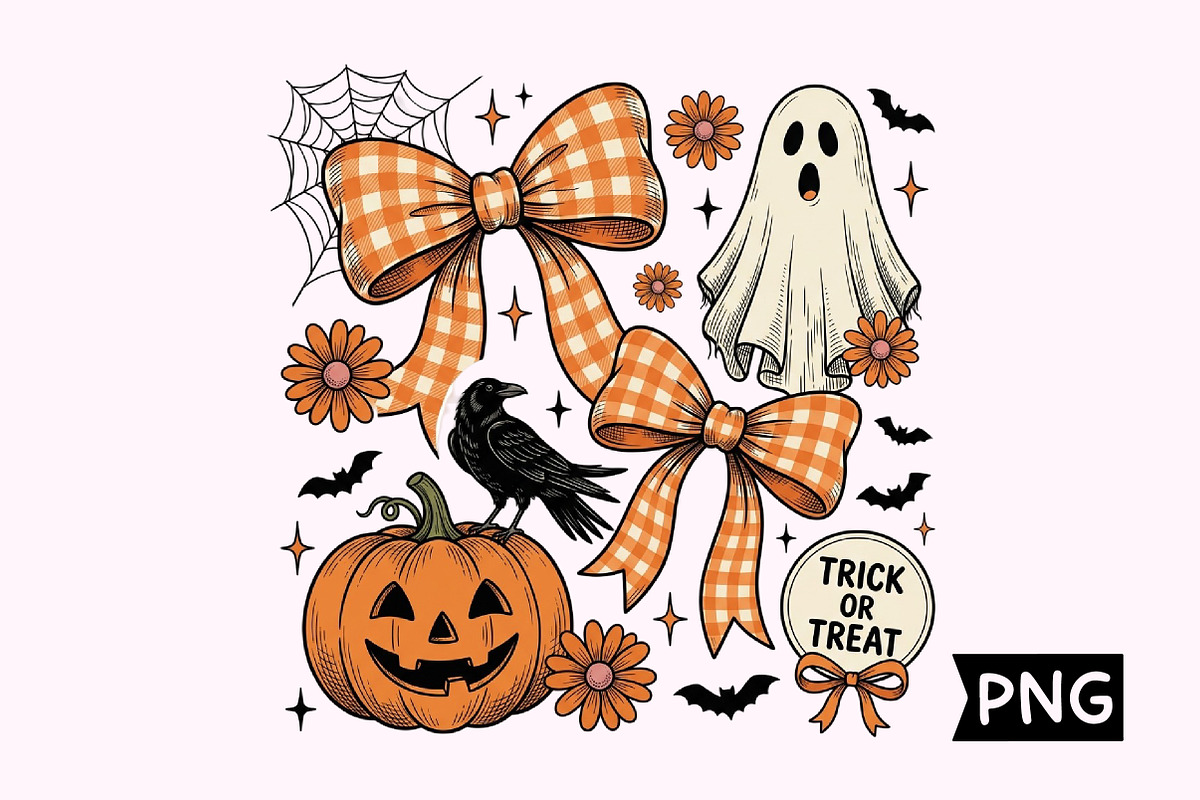 Cute Halloween Ghost & Gingham Bows, a Seasonal Illustration by Creative Art (Photo 1 of 3)