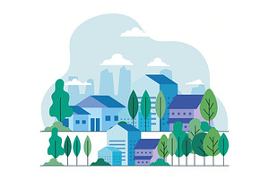 city houses with trees and clouds, an Illustration by studiogstock