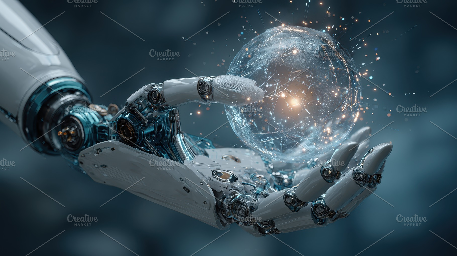 Robotic hand holding glowing digital, a Photo by Pixeness Studio
