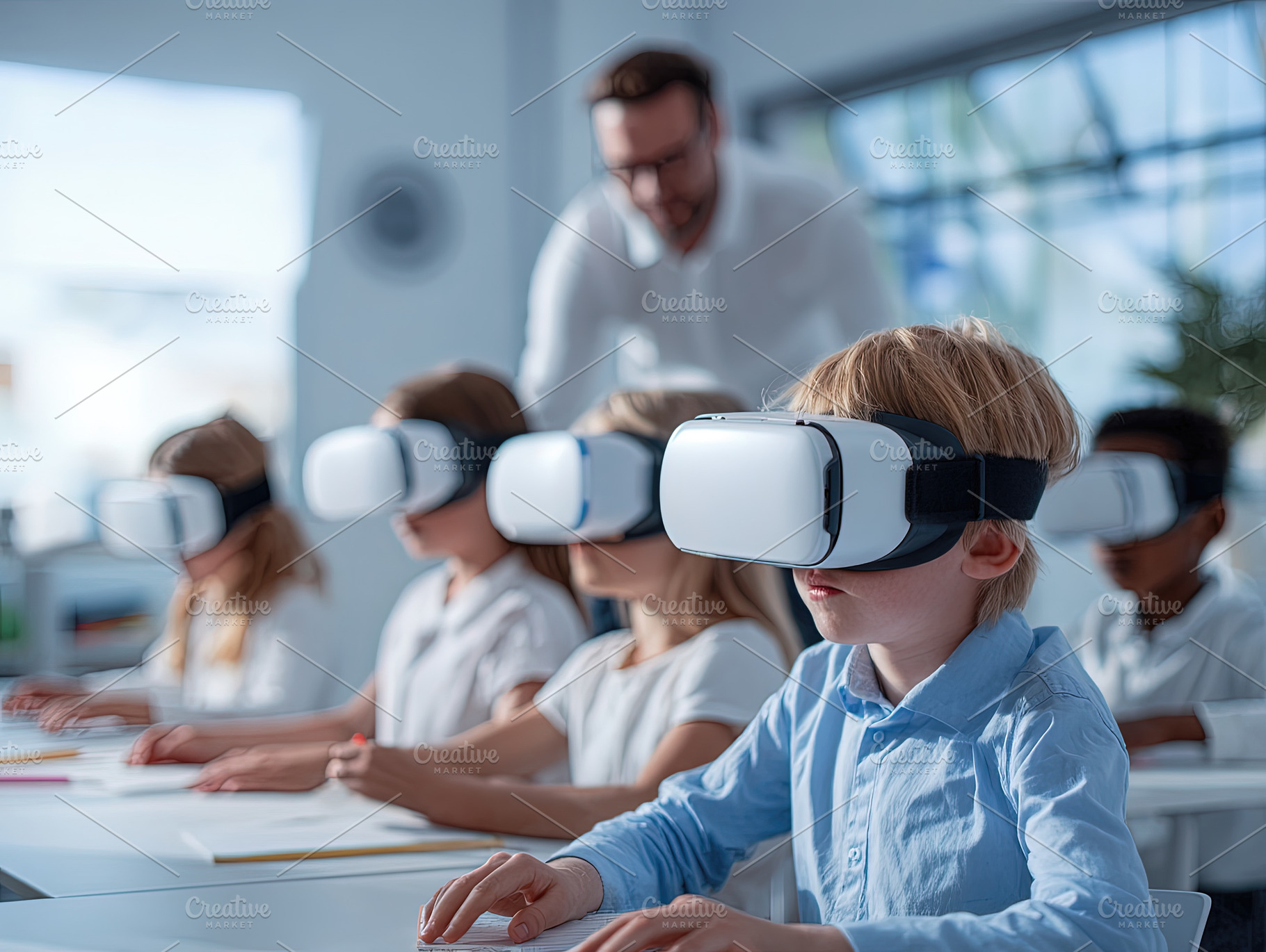 Elementary students wearing VR headsets in a bright classroom, e, a Person Photo by Ales Munt