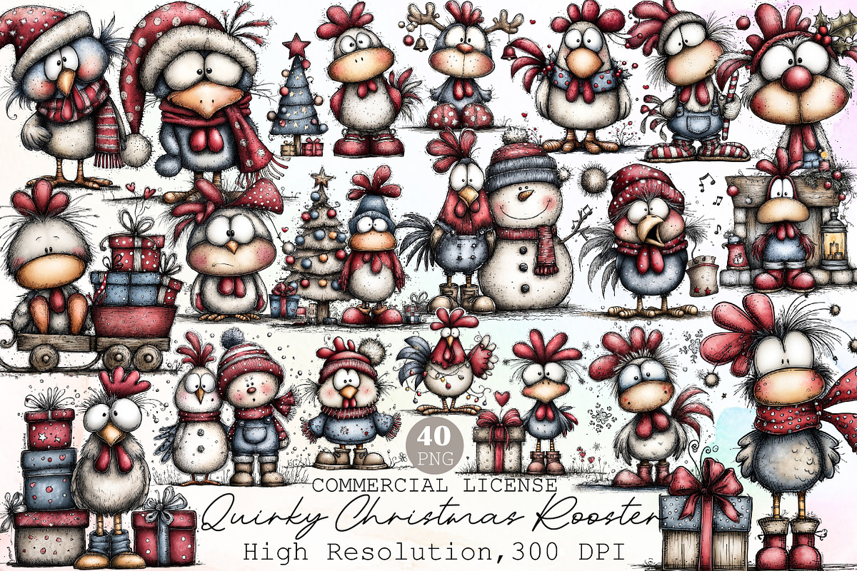 Quirky Christmas Rooster Clipart, an Illustration by Sublimation Artist (Photo 1 of 6)