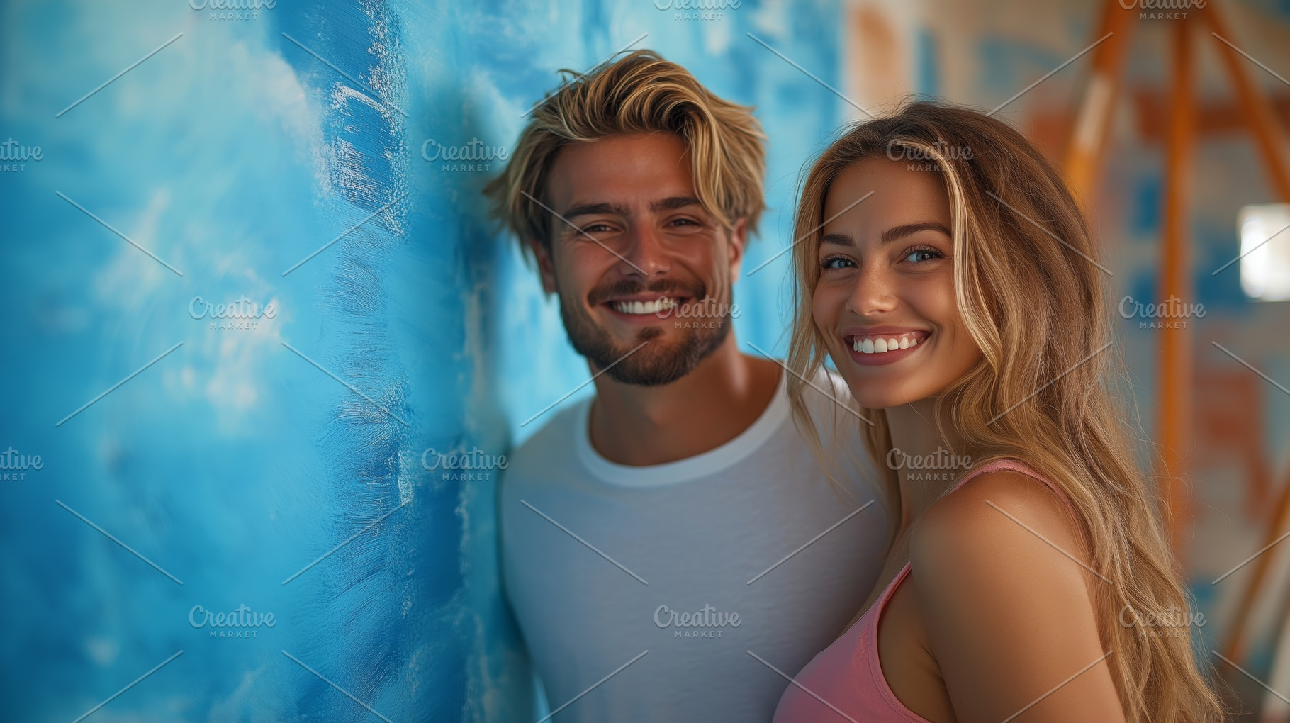 Cheerful young couple smiling against a colorful wall., a Person Photo by ImageMir