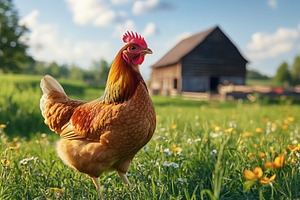 A vibrant chicken walking through a lush green field filled with wildflowers, w, an Animal Photo by Textures & Backgrounds