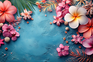 Colorful tropical flowers and plants arranged on a blue textured background for, a Nature Photo by AlyaAnd