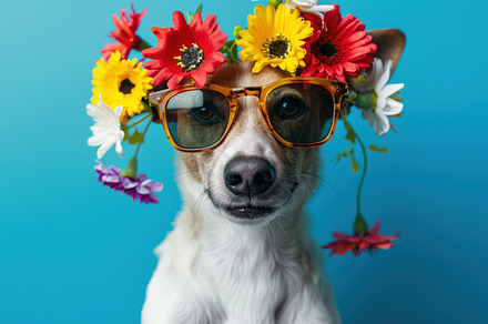 Fashion-Forward Pooch Poses with Floral Flair and Shades - Generative AI, an Animal Photo by José Manuel Gelpi