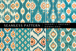 10 Ikat Turquoise Seamless Patterns