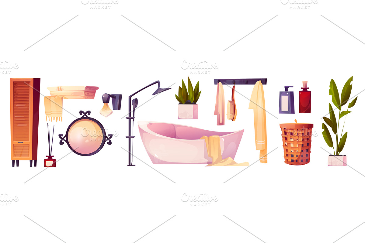 Cozy cartoon bathroom interior, an Object Illustration by art PVP - market