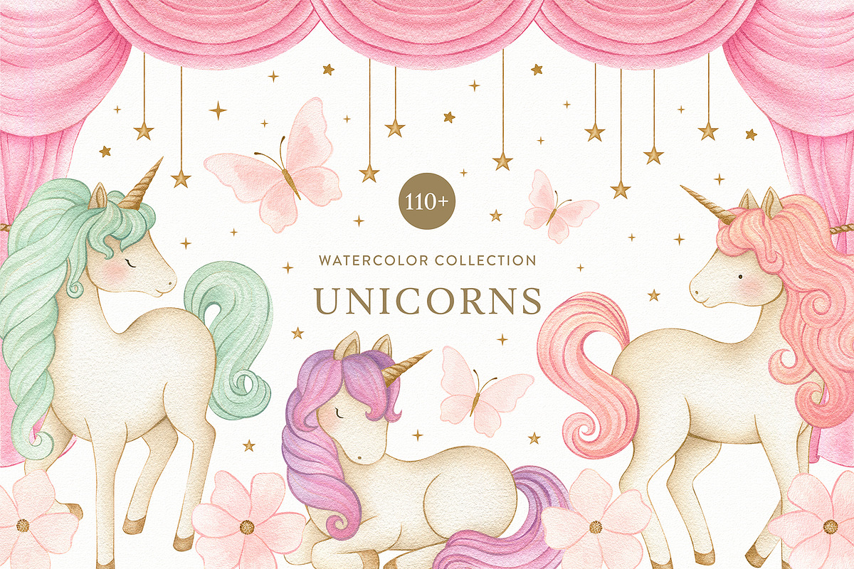 Watercolor Magic Rainbow Unicorn Set, a Decorative Illustration by Carol Lozove (Photo 1 of 74)
