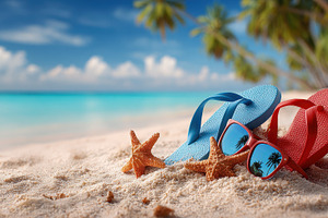 Beach Vacation Flip Flops Sunglasses, a Photo by Pixeness Studio