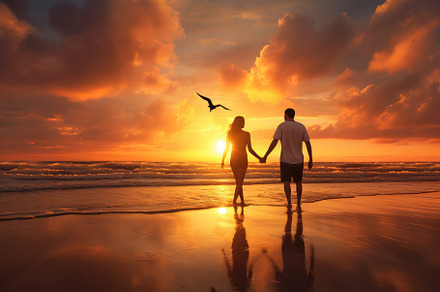 Romantic couple walking hand in hand, a Photo by SaroStock