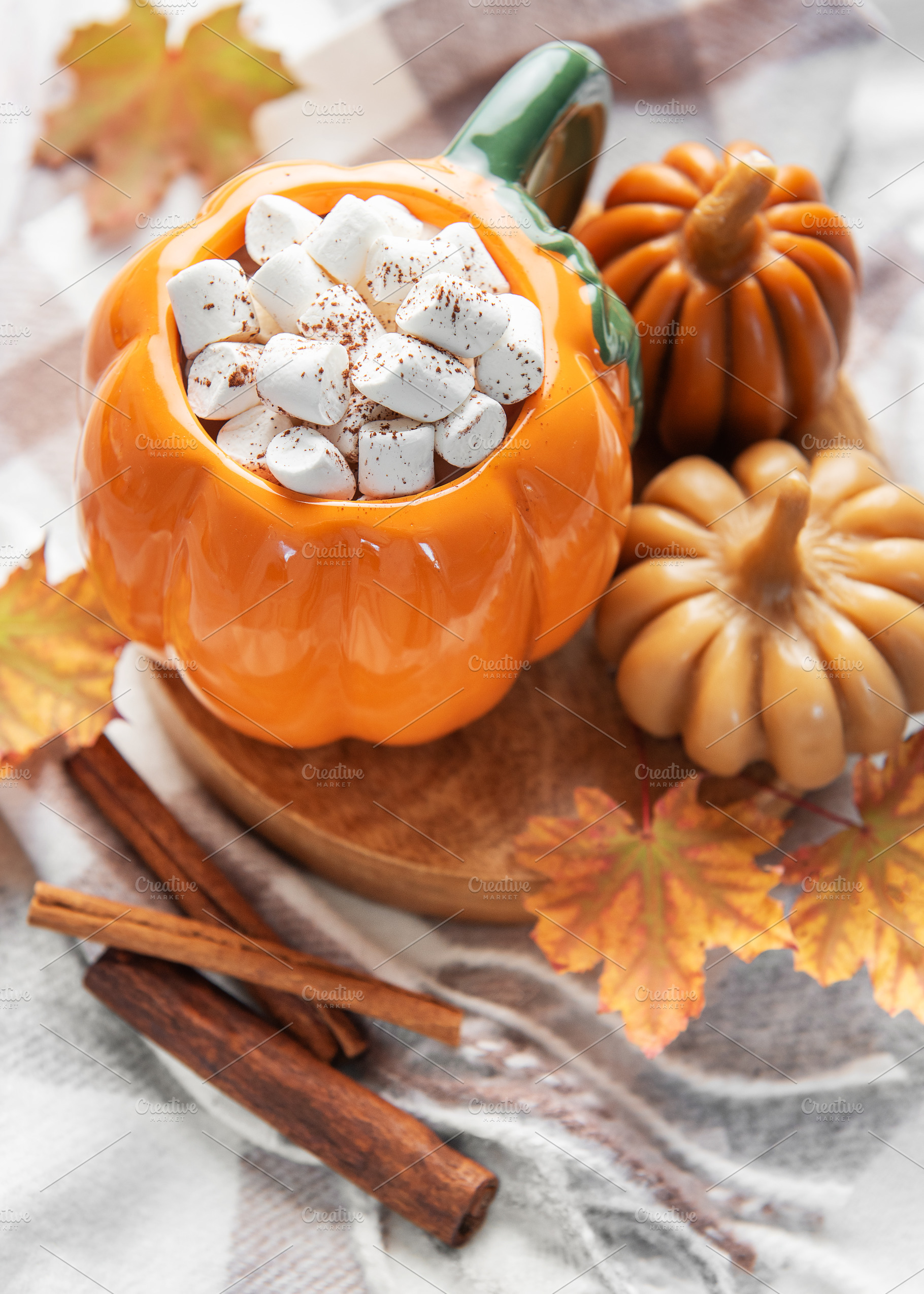 Pumpkin mug of hot chocolate with marshmallows, a Food & Drink Photo by Olena Rudo