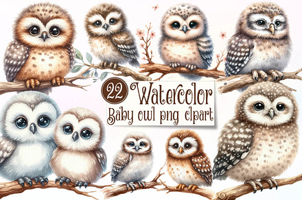 Baby owl watercolor clip art, an Illustration by CreationArt