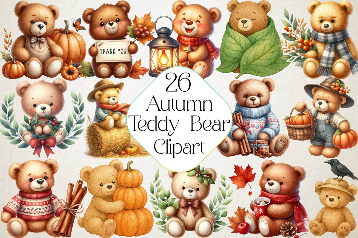 Watercolor Autumn Teddy Bear Clipart, an Illustration by DreamPrint404 (Photo 1 of 6)