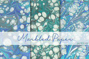 3 Hand Marbled Papers "Snowflakes"