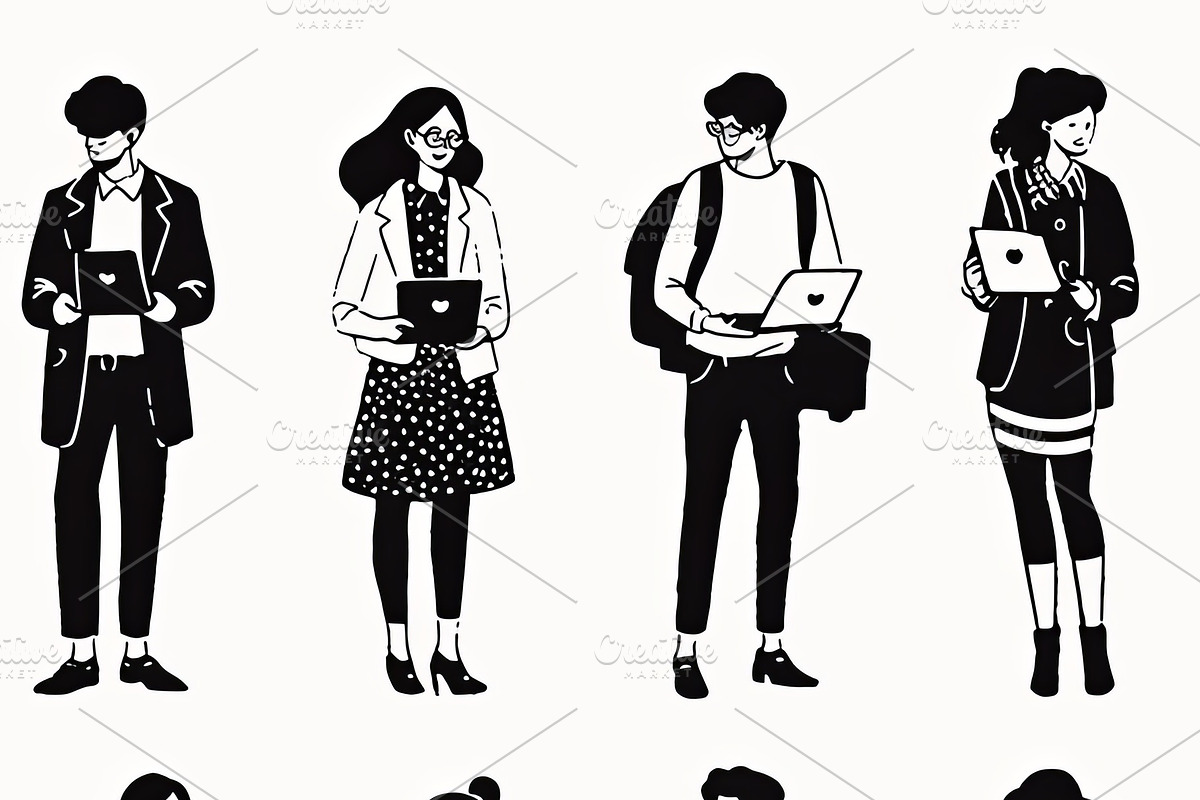 Collection of stylized people using modern electronic devices in various poses, an Illustration by AS photostudio