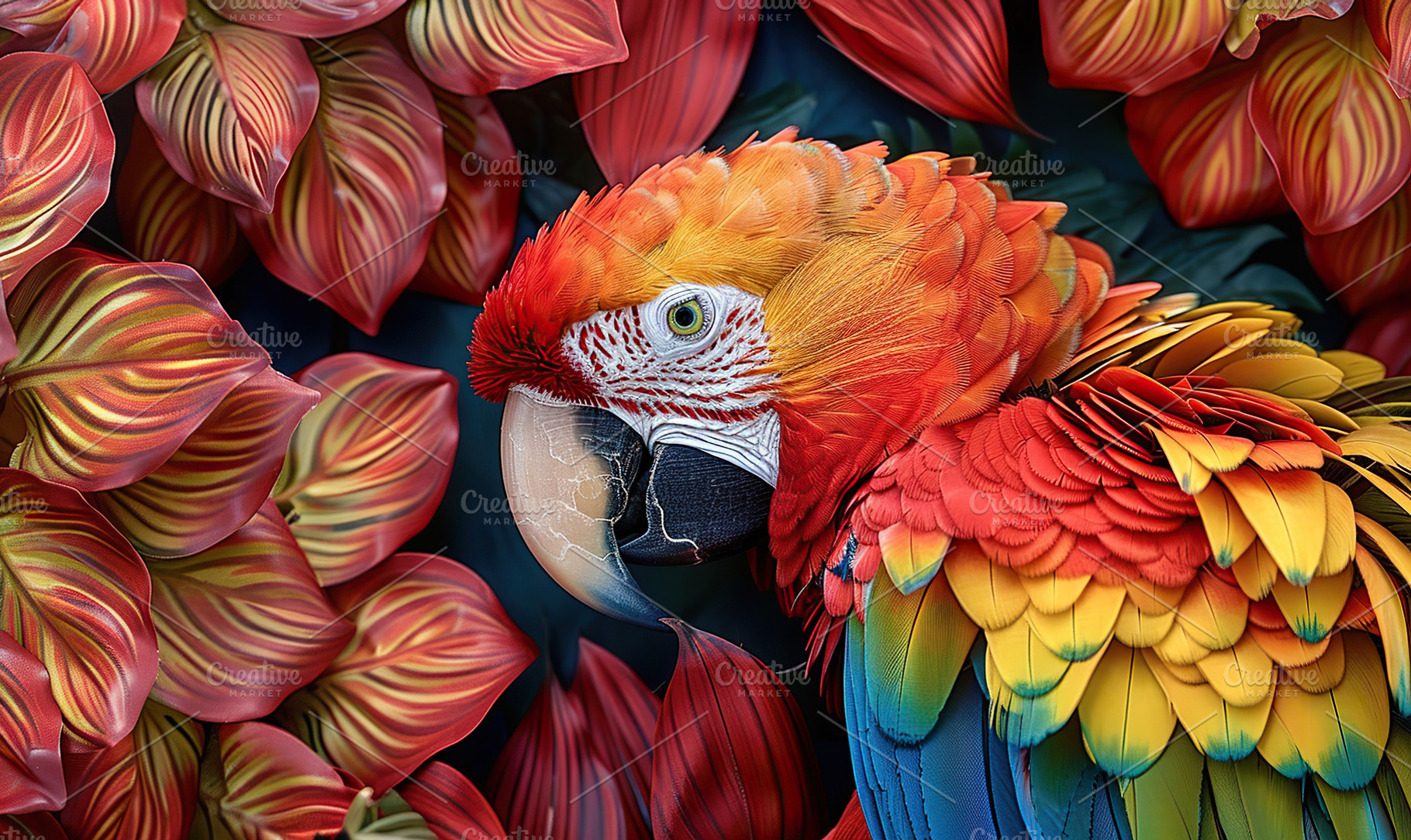 A colorful macaw on a branch amid be, a Photo by LOGOCREATIVE
