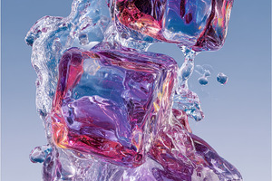 Icy purple cubes splashing water art, a Photo by Pixeness Studio