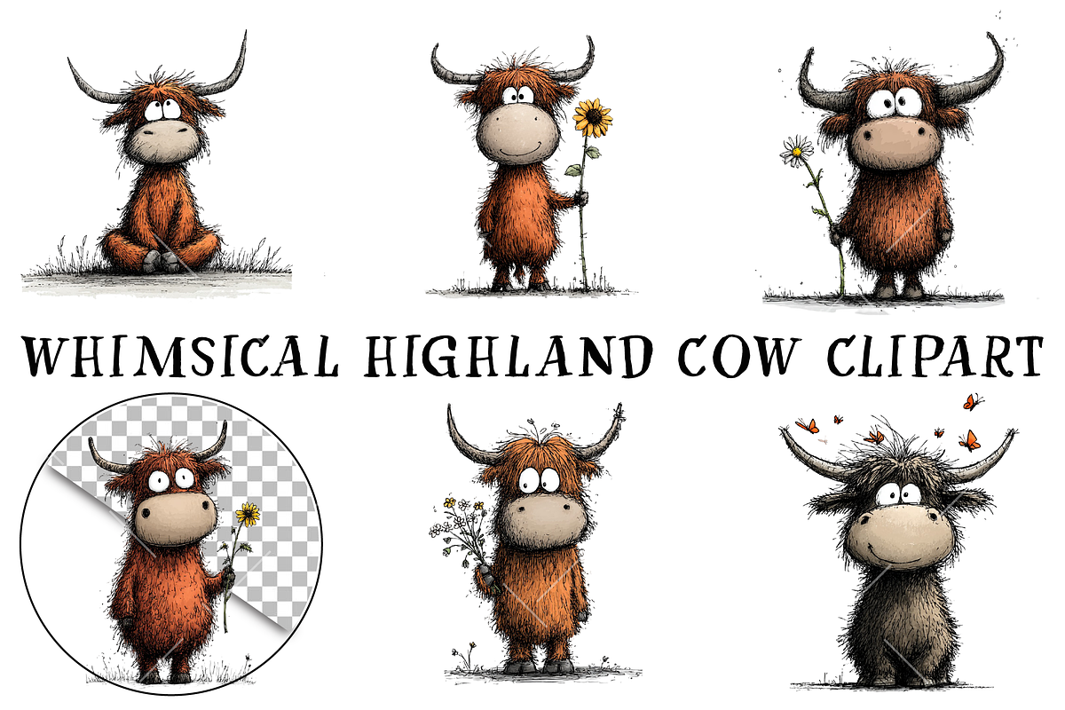 Whimsical Highland Cow Clipart, an Illustration by OK Design (Photo 2 of 6)