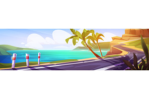 Cartoon road trip scene by sea coast, an Illustration by art PVP - market